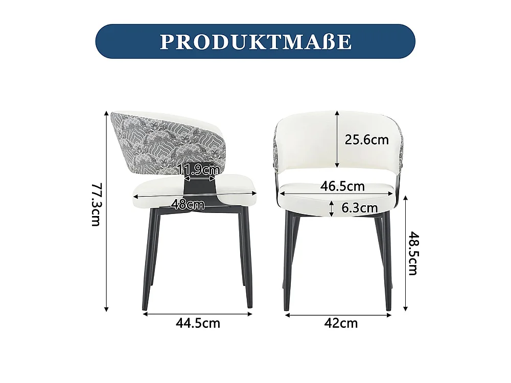 Eetkamerstoelen, set van 2, met afgeronde armleuningen en een rugleuning met print, van kunstleer, stevige poten, wit + zwart