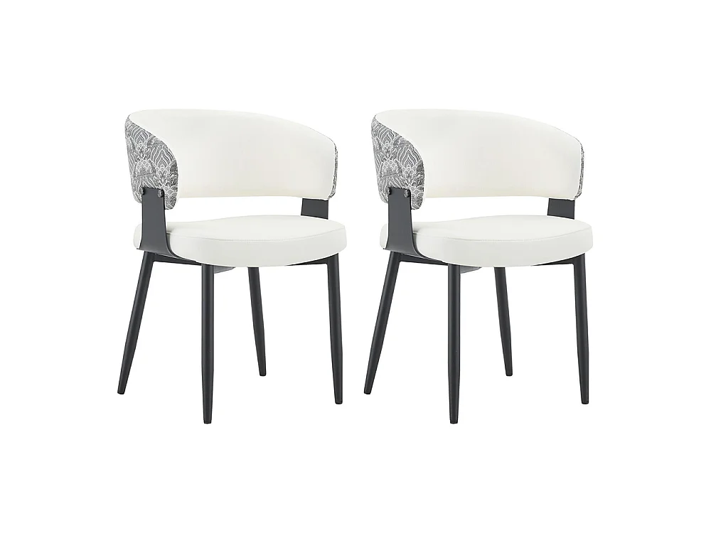 Eetkamerstoelen, set van 2, met afgeronde armleuningen en een rugleuning met print, van kunstleer, stevige poten, wit + zwart