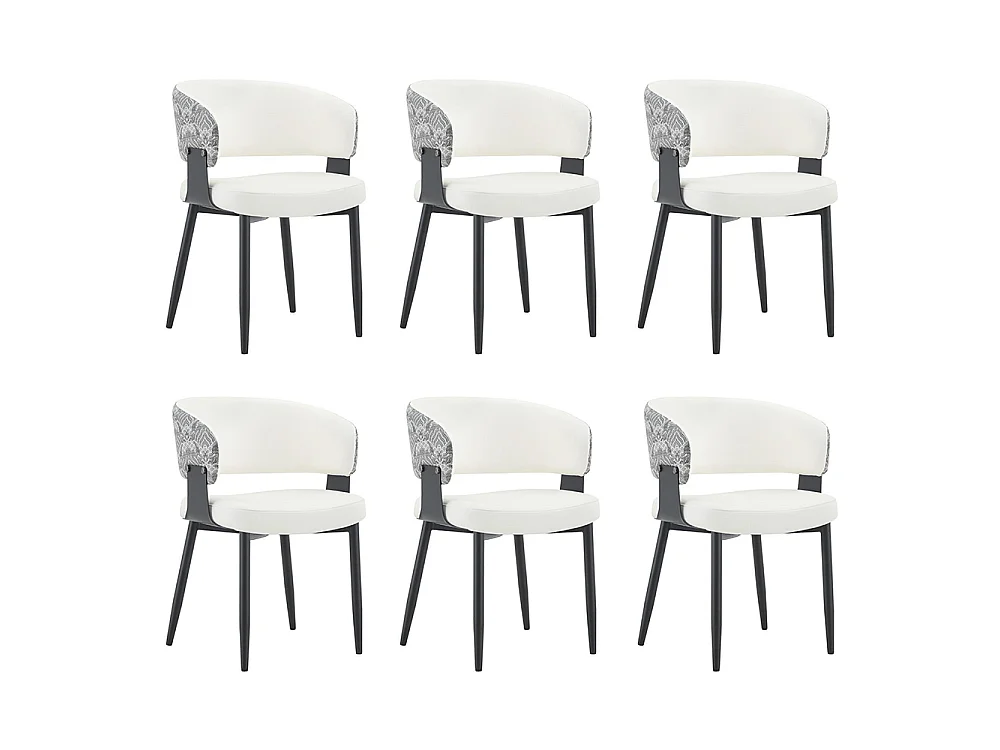 Eetkamerstoelen, set van 2, met afgeronde armleuningen en een rugleuning met print, van kunstleer, stevige poten, wit + zwart