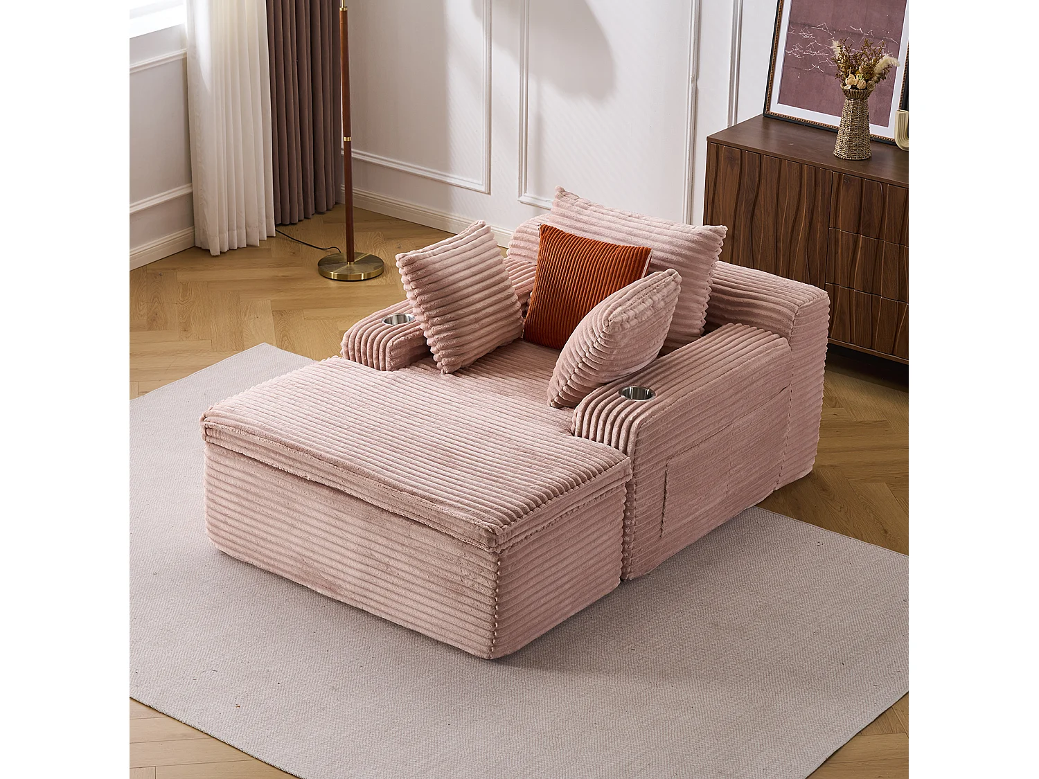 Canapé corduroy – montage facile, 3 coussins + porte-gobelets, coussin 2en1 couverture,rose