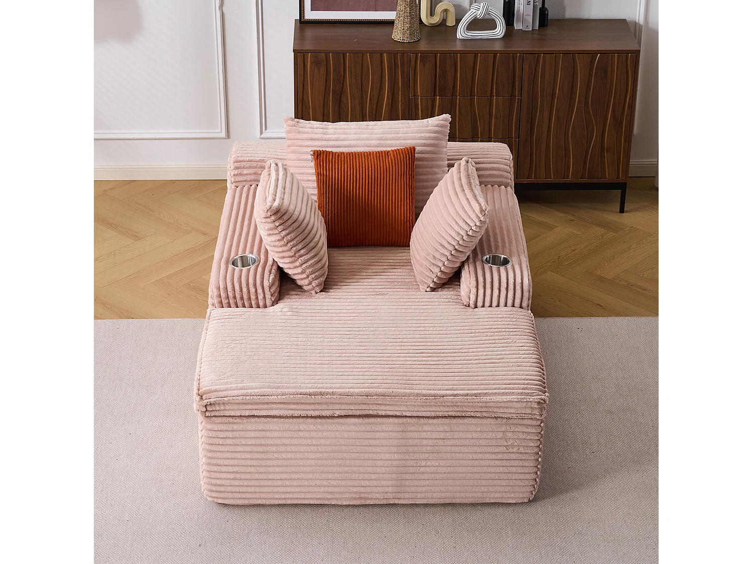 Canapé corduroy – montage facile, 3 coussins + porte-gobelets, coussin 2en1 couverture,rose