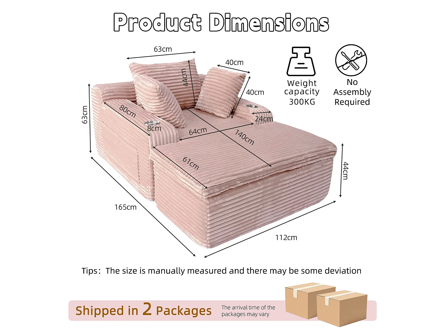 Canapé corduroy – montage facile, 3 coussins + porte-gobelets, coussin 2en1 couverture,rose