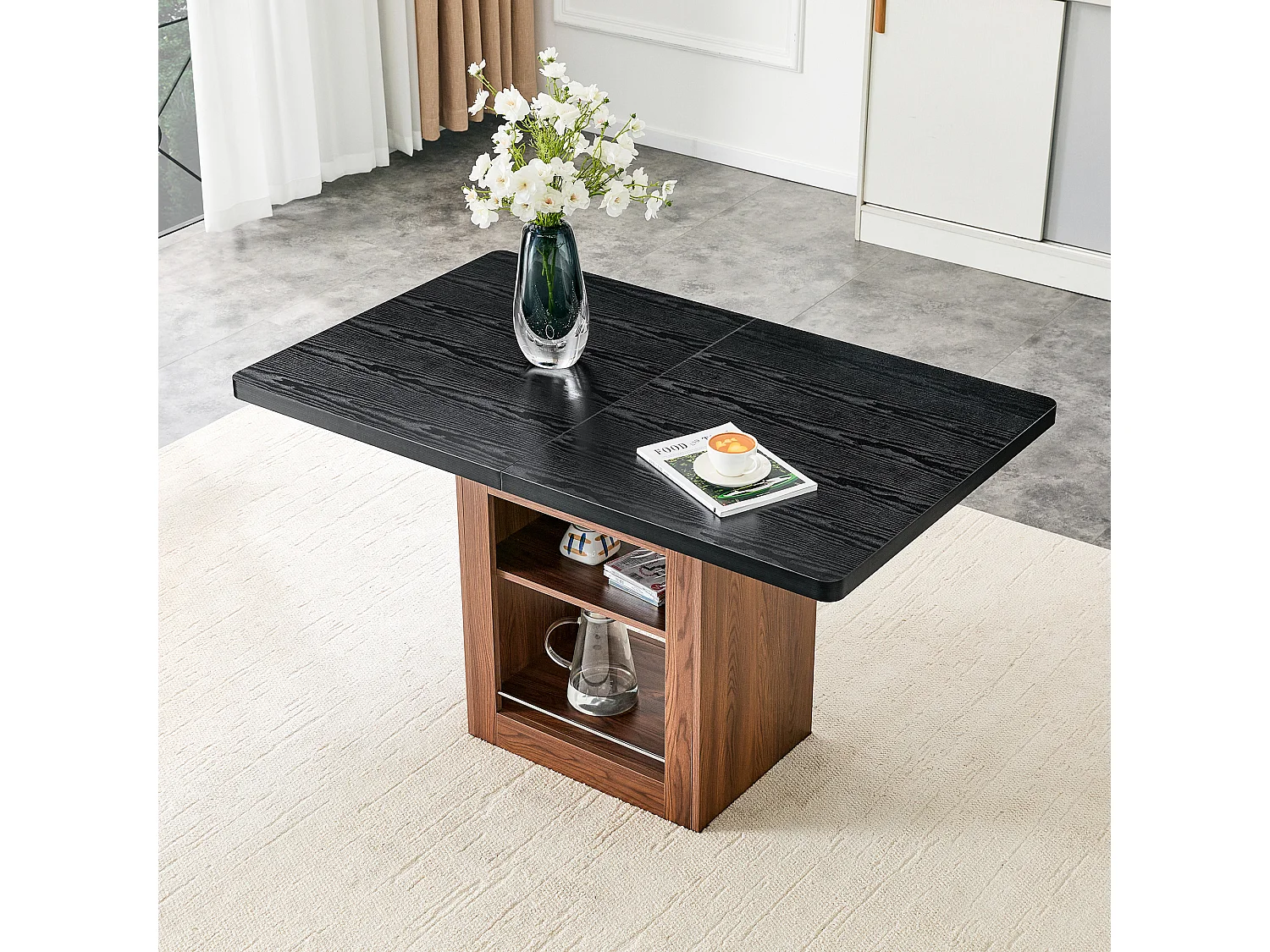 Table à rallonges imitation bois, noyer, en MDF, avec tablette intégrée, couleur noir