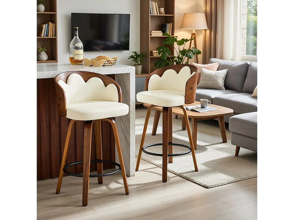 Lot de 2 tabourets, dossier à motifs floraux, bois courbé, cuir PU, repose-pieds en métal, style moderne, blanc