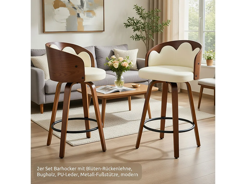 Lot de 2 tabourets, dossier à motifs floraux, bois courbé, cuir PU, repose-pieds en métal, style moderne, blanc