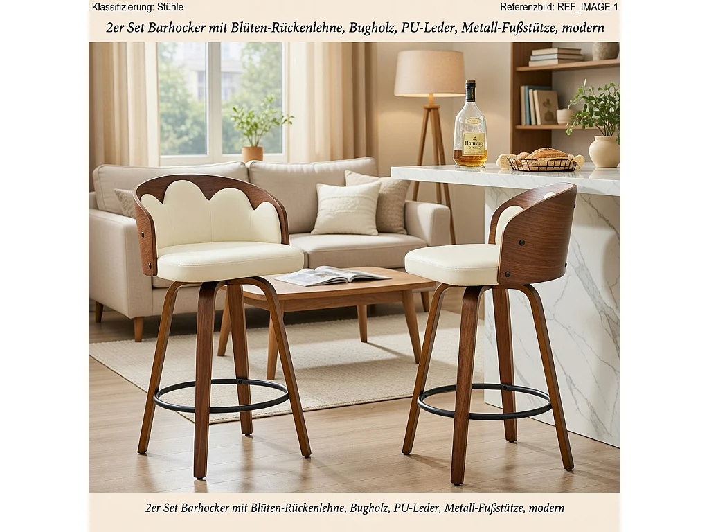 Lot de 2 tabourets, dossier à motifs floraux, bois courbé, cuir PU, repose-pieds en métal, style moderne, blanc