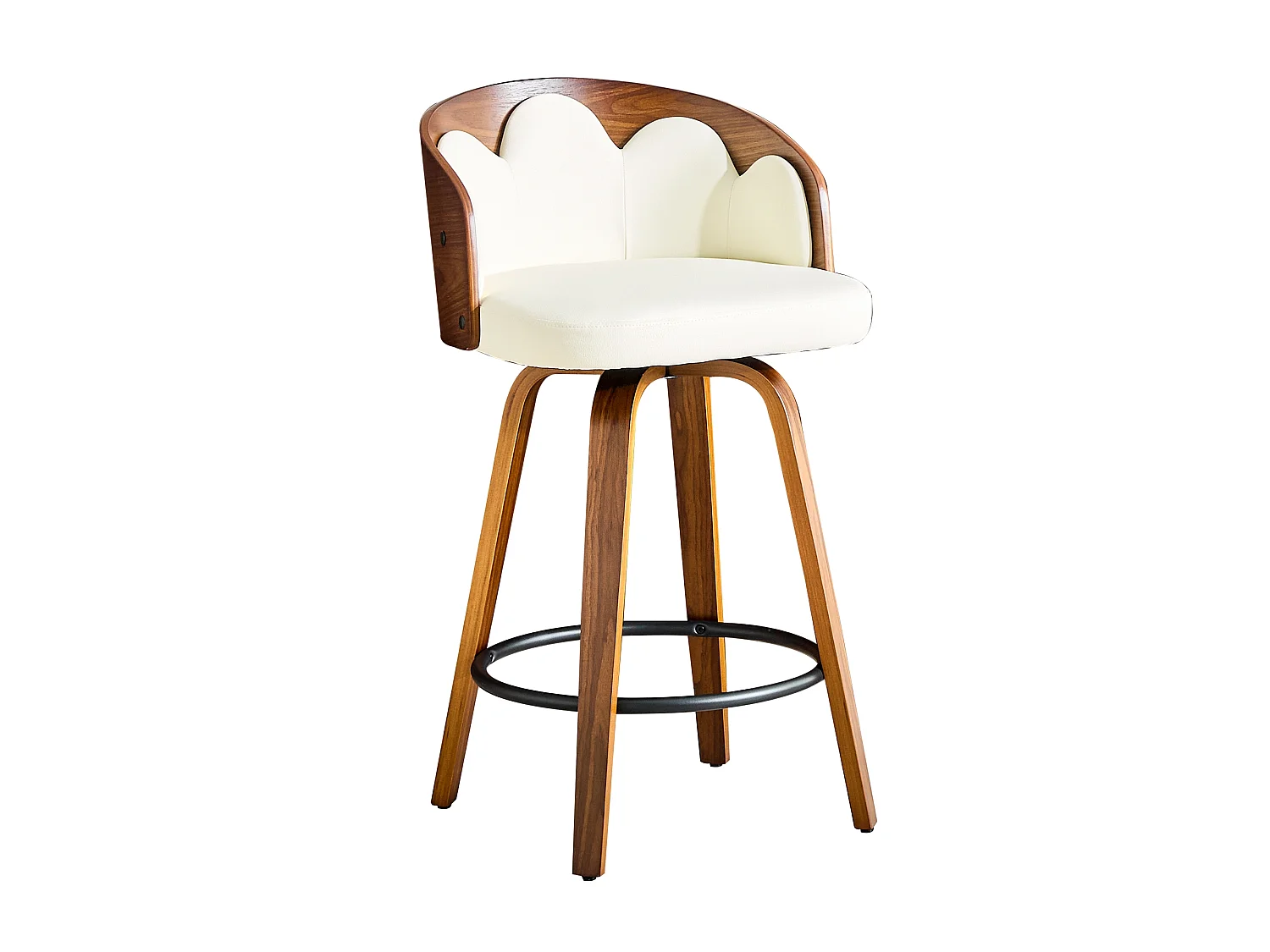 Lot de 2 tabourets, dossier à motifs floraux, bois courbé, cuir PU, repose-pieds en métal, style moderne, blanc