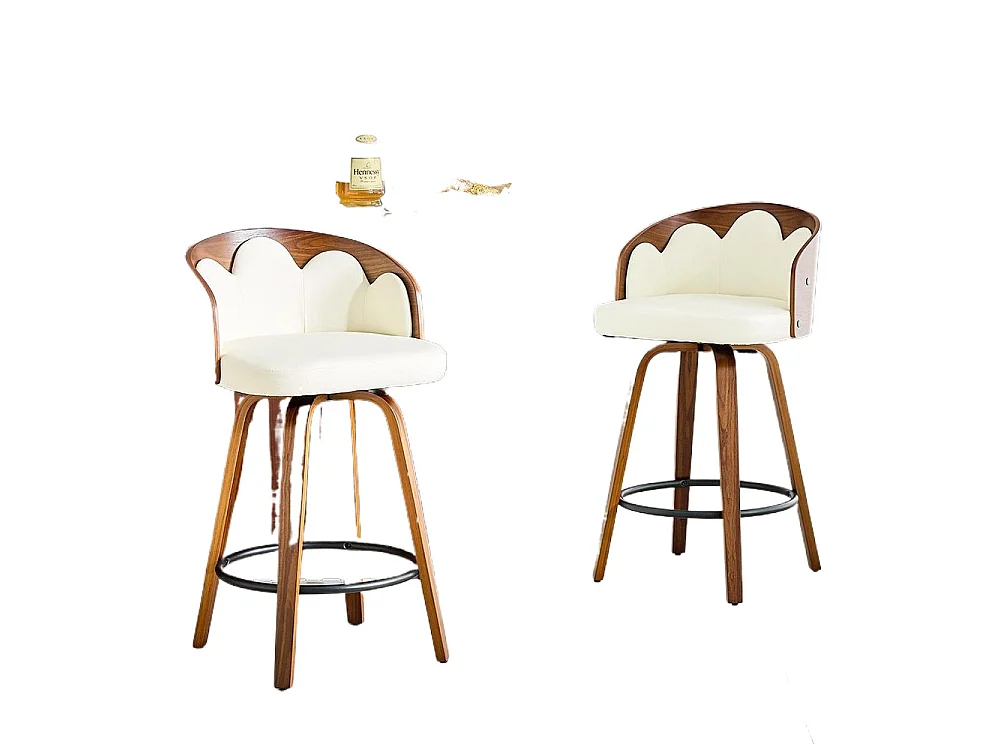 Lot de 2 tabourets, dossier à motifs floraux, bois courbé, cuir PU, repose-pieds en métal, style moderne, blanc