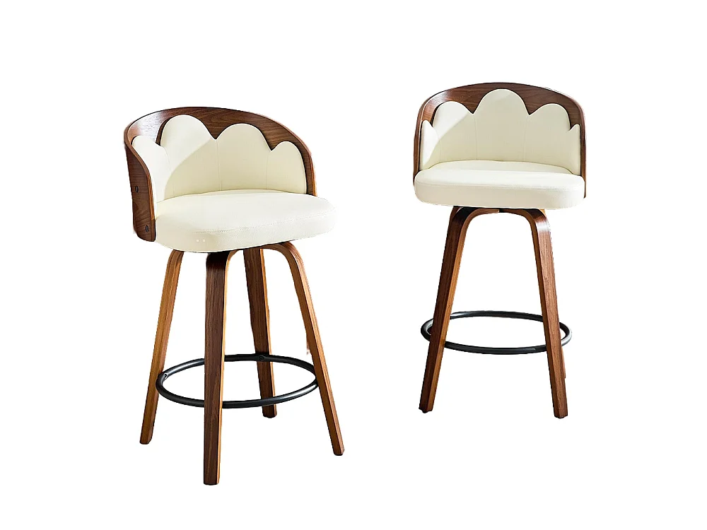 Lot de 2 tabourets, dossier à motifs floraux, bois courbé, cuir PU, repose-pieds en métal, style moderne, blanc