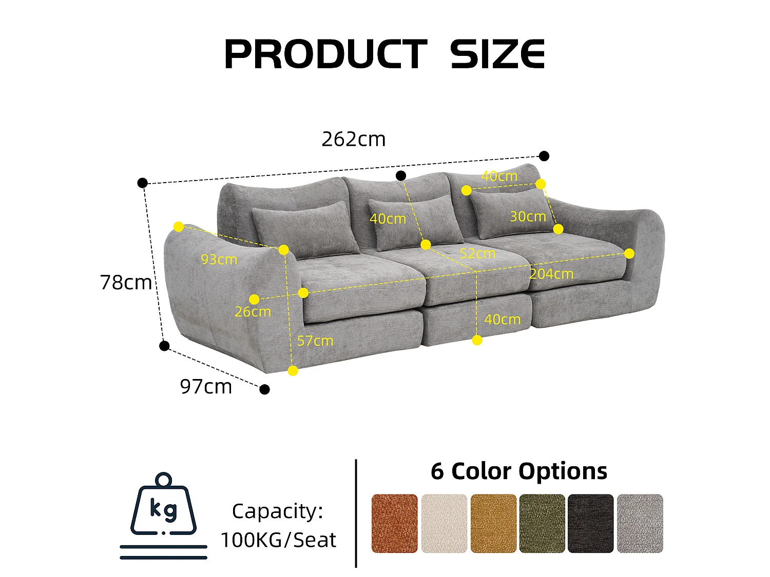 Canapé 3 places en tissu chenille gris