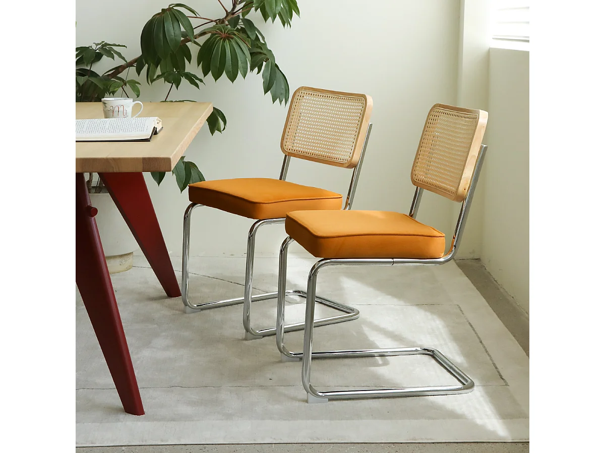 Set eetkamerstoelen (set van 2), fluweel, stoelen met rieten patroon, verchroomde poten, oranje