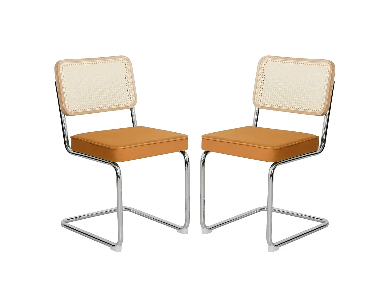 Set eetkamerstoelen (set van 2), fluweel, stoelen met rieten patroon, verchroomde poten, oranje