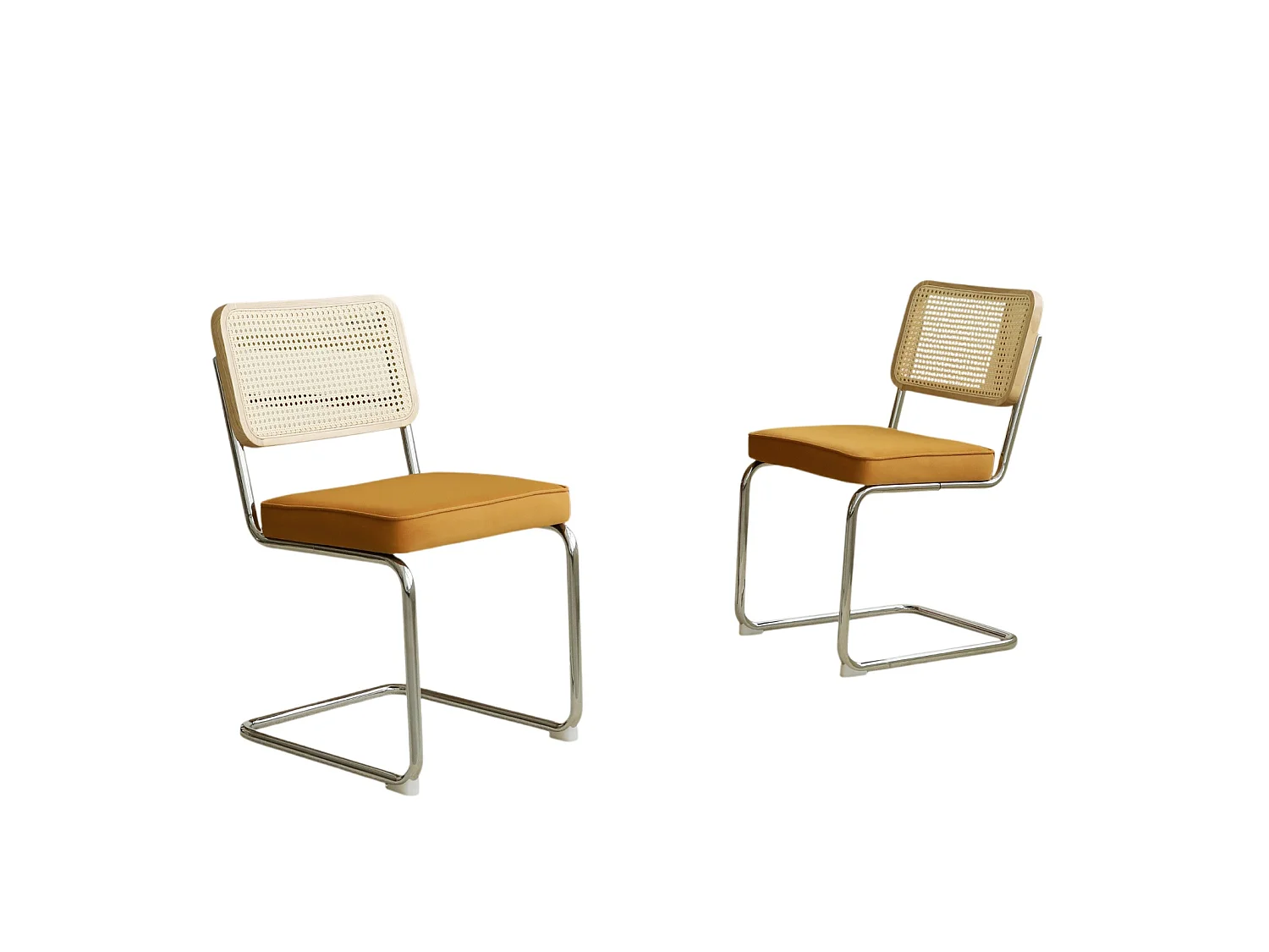 Set eetkamerstoelen (set van 2), fluweel, stoelen met rieten patroon, verchroomde poten, oranje