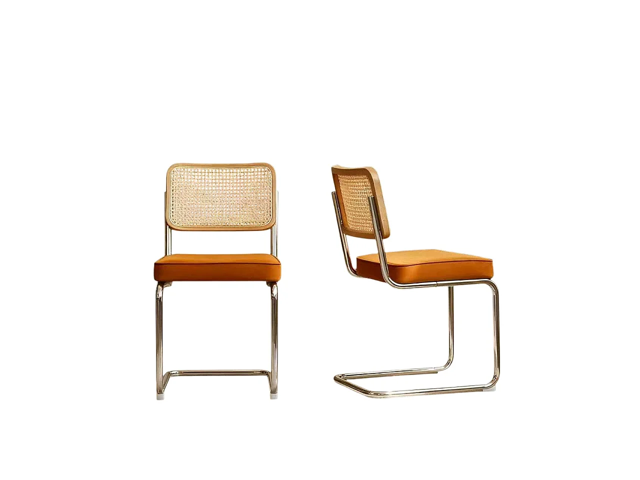 Set eetkamerstoelen (set van 2), fluweel, stoelen met rieten patroon, verchroomde poten, oranje