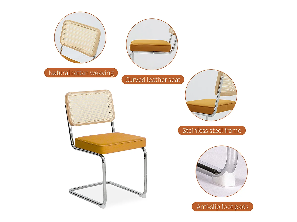 Set eetkamerstoelen (set van 2), fluweel, stoelen met rieten patroon, verchroomde poten, oranje