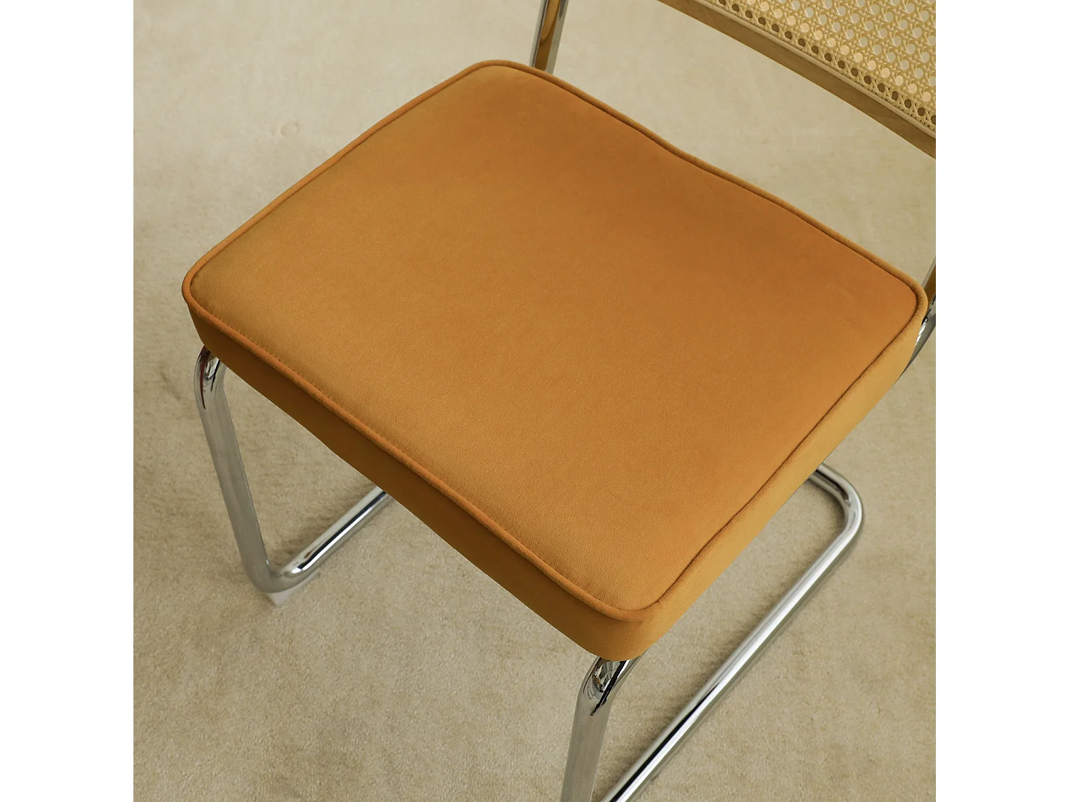Set eetkamerstoelen (set van 2), fluweel, stoelen met rieten patroon, verchroomde poten, oranje