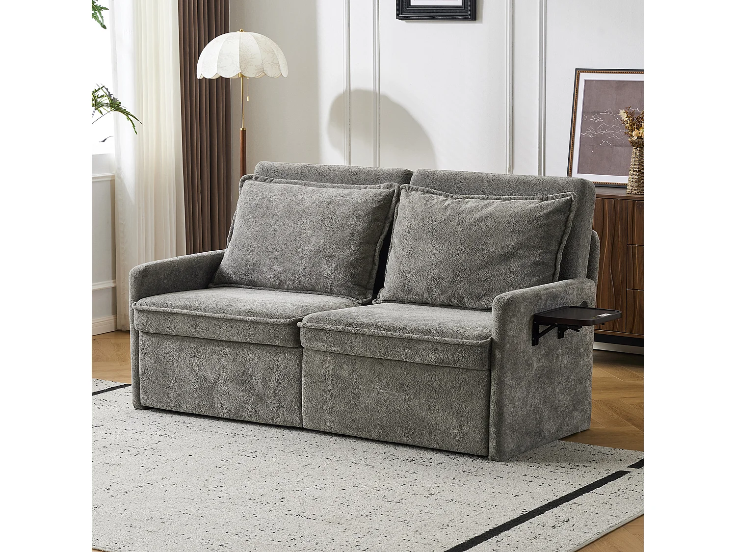 Canapé 2 places avec rangement en tissu chenille gris