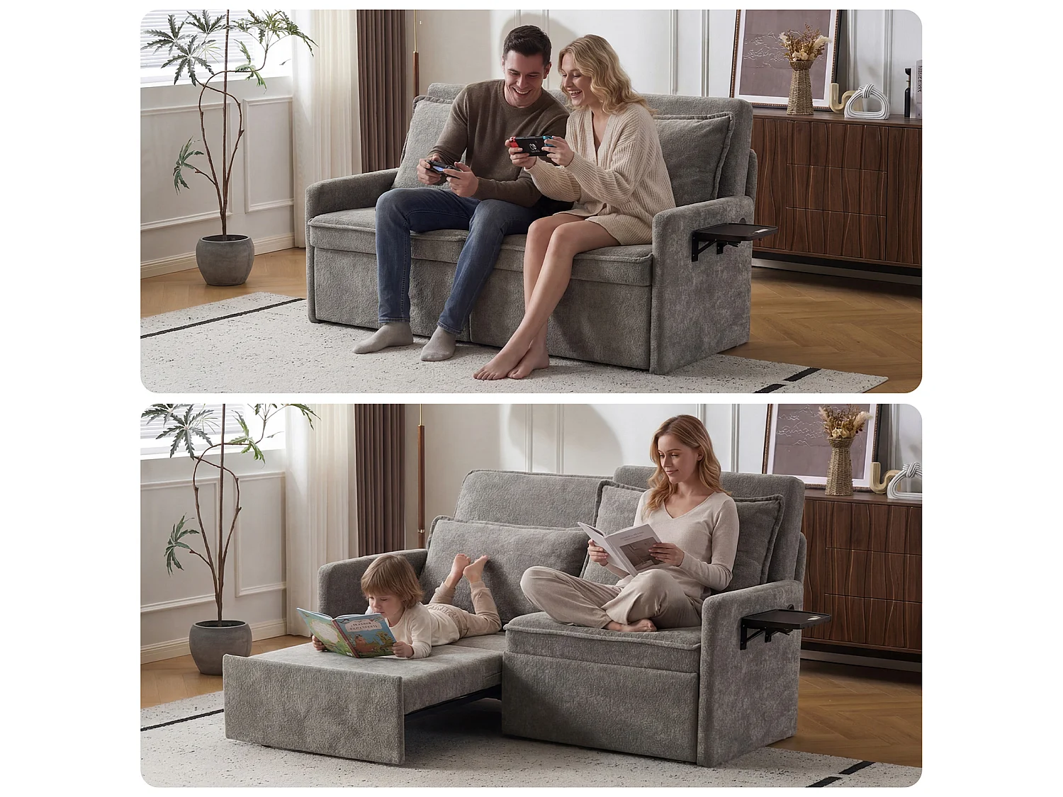 Canapé 2 places avec rangement en tissu chenille gris