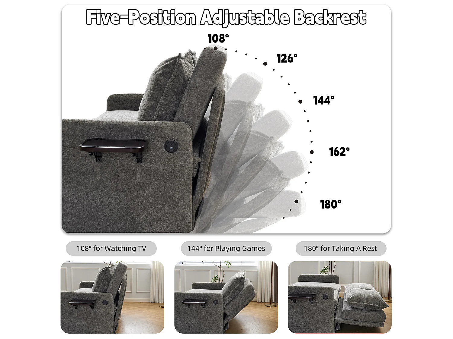 Canapé 2 places avec rangement en tissu chenille gris
