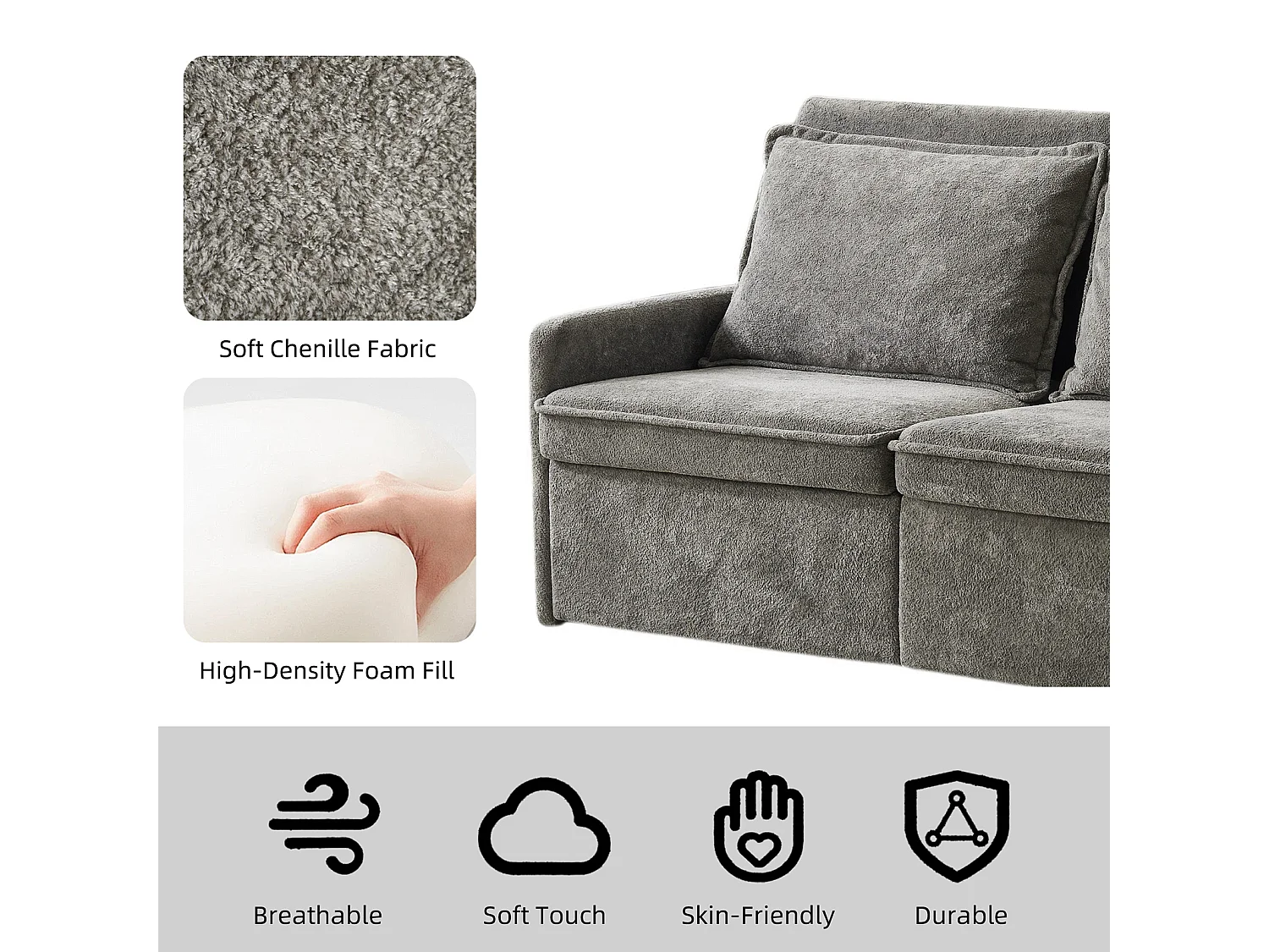 Canapé 2 places avec rangement en tissu chenille gris