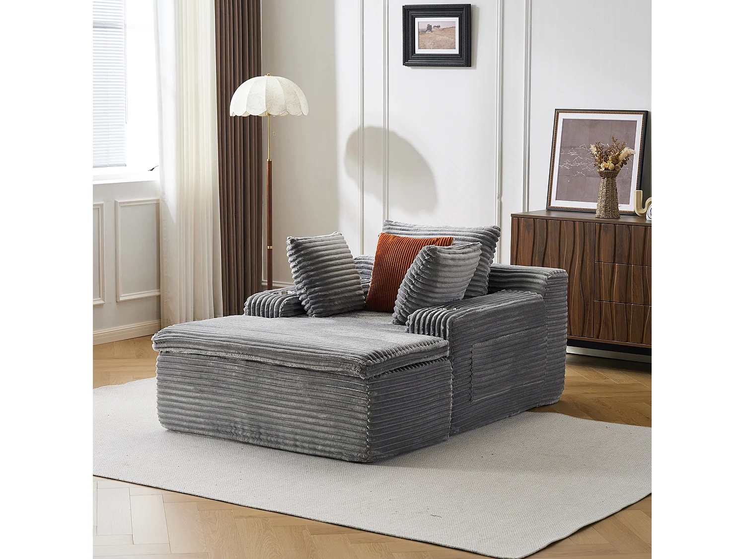 Canapé corduroy – montage facile, 3 coussins + porte-gobelets, coussin 2en1 couverture,gris