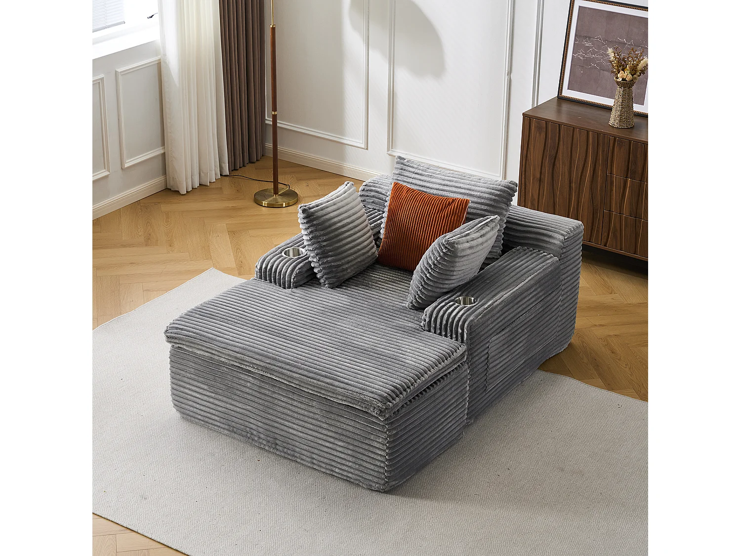 Canapé corduroy – montage facile, 3 coussins + porte-gobelets, coussin 2en1 couverture,gris