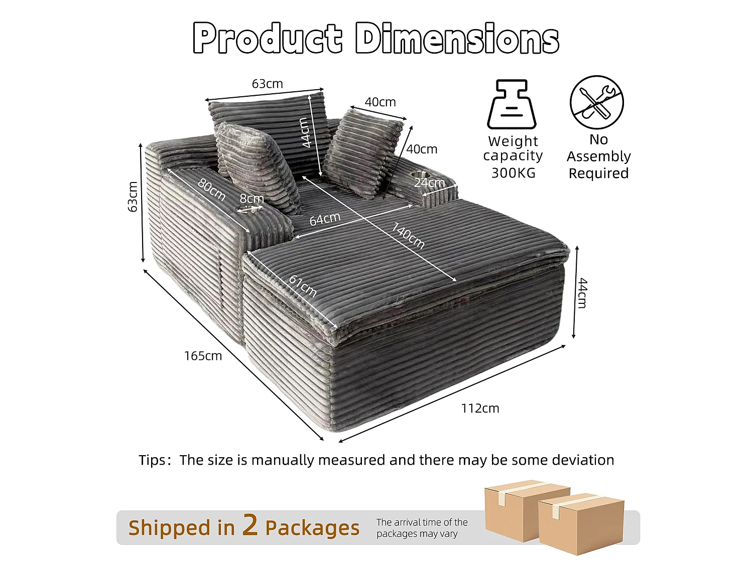 Canapé corduroy – montage facile, 3 coussins + porte-gobelets, coussin 2en1 couverture,gris