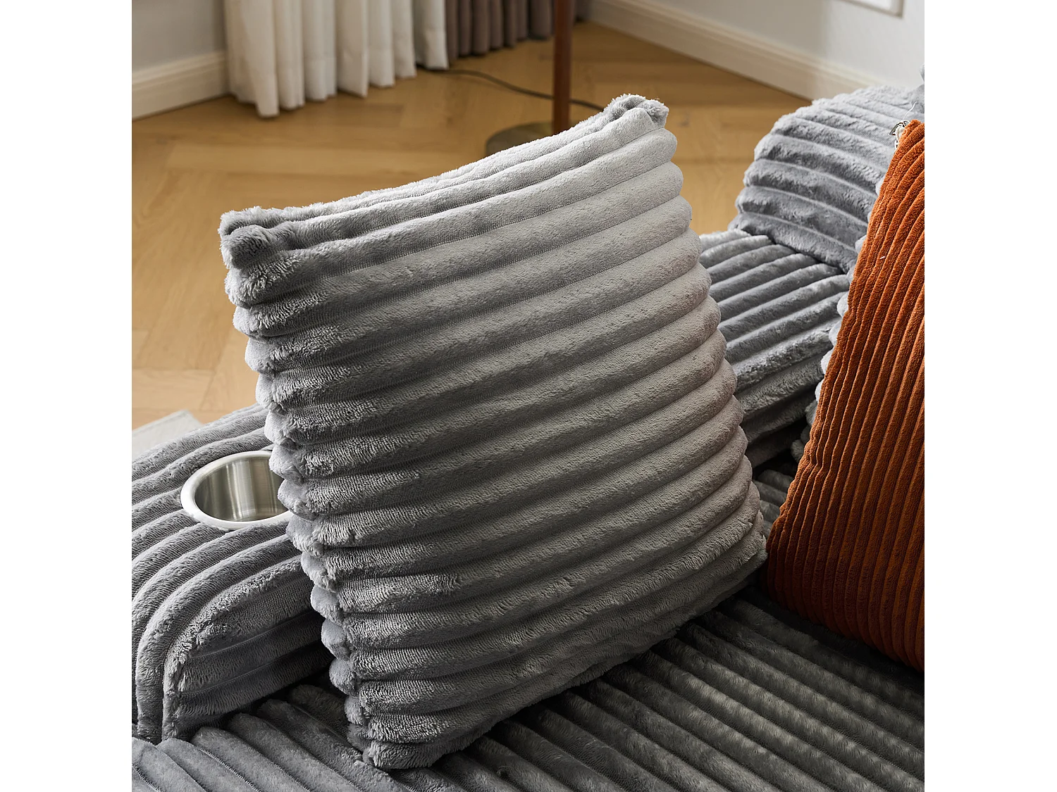 Canapé corduroy – montage facile, 3 coussins + porte-gobelets, coussin 2en1 couverture,gris