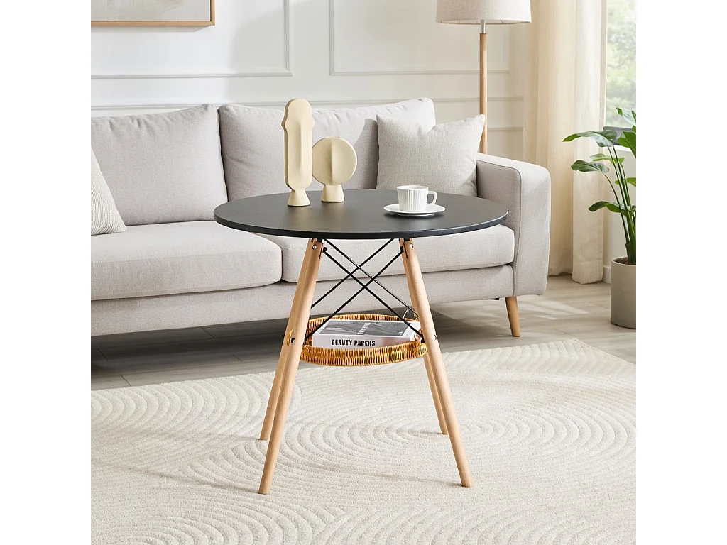 Table à manger ronde, plateau en MDF, pieds en bois massif, avec une structure de rangement suspendue en osier, noir et couleur naturelle
