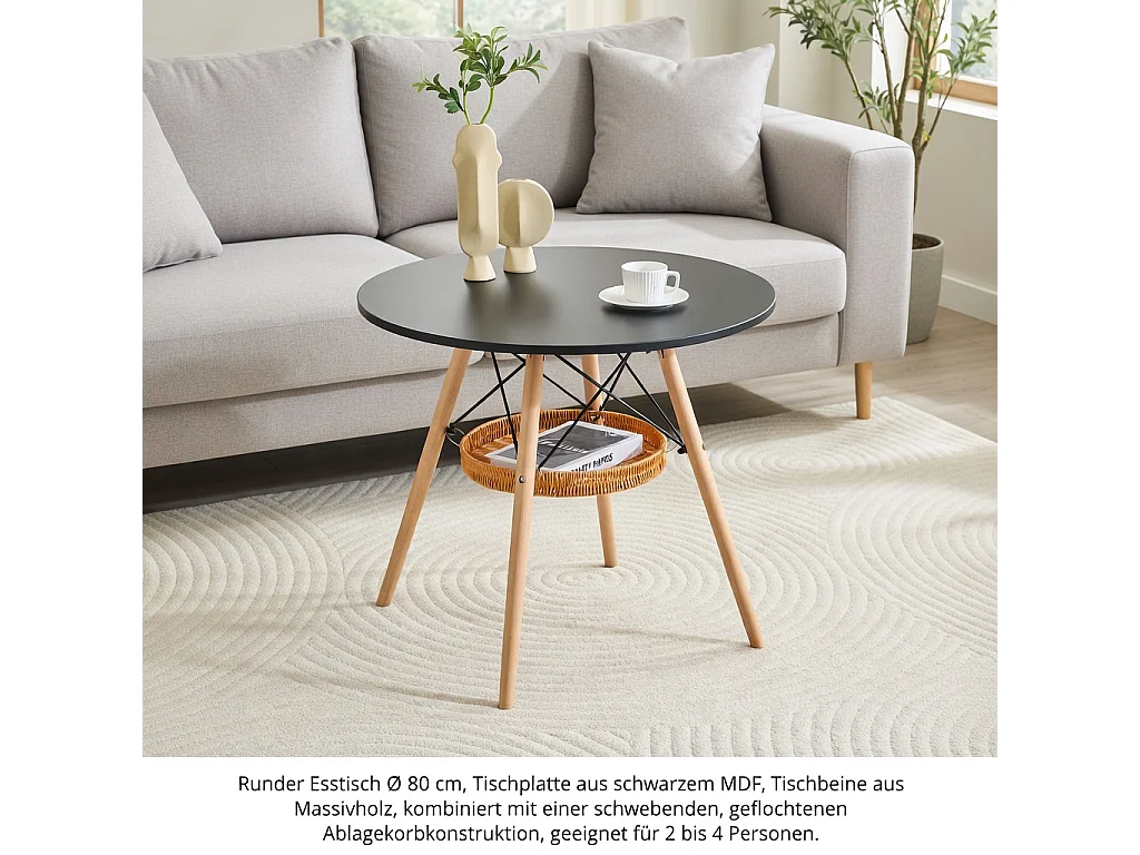 Table à manger ronde, plateau en MDF, pieds en bois massif, avec une structure de rangement suspendue en osier, noir et couleur naturelle