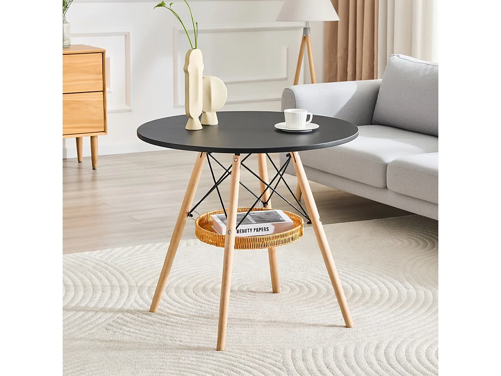 Table à manger ronde, plateau en MDF, pieds en bois massif, avec une structure de rangement suspendue en osier, noir et couleur naturelle
