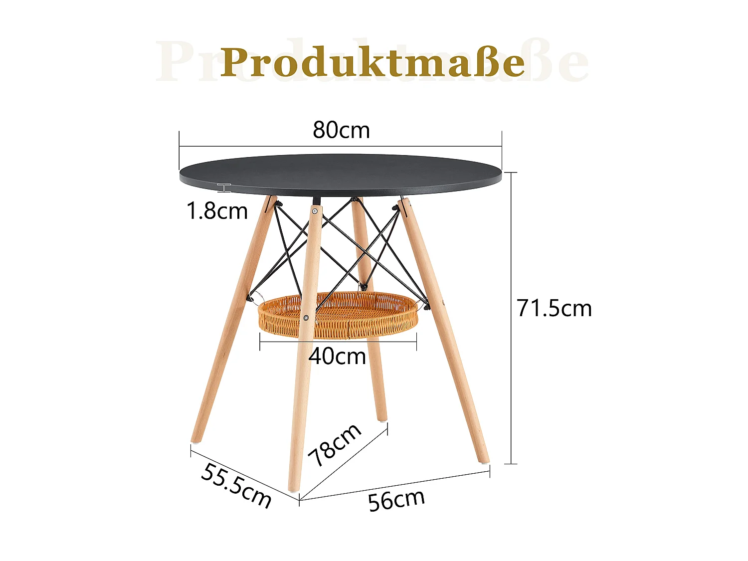 Table à manger ronde, plateau en MDF, pieds en bois massif, avec une structure de rangement suspendue en osier, noir et couleur naturelle