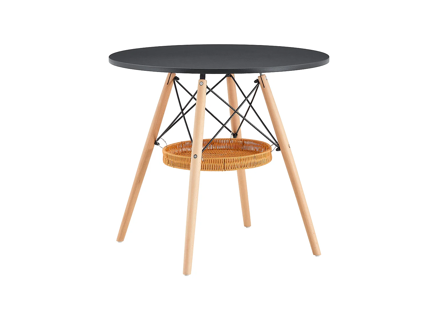 Table à manger ronde, plateau en MDF, pieds en bois massif, avec une structure de rangement suspendue en osier, noir et couleur naturelle