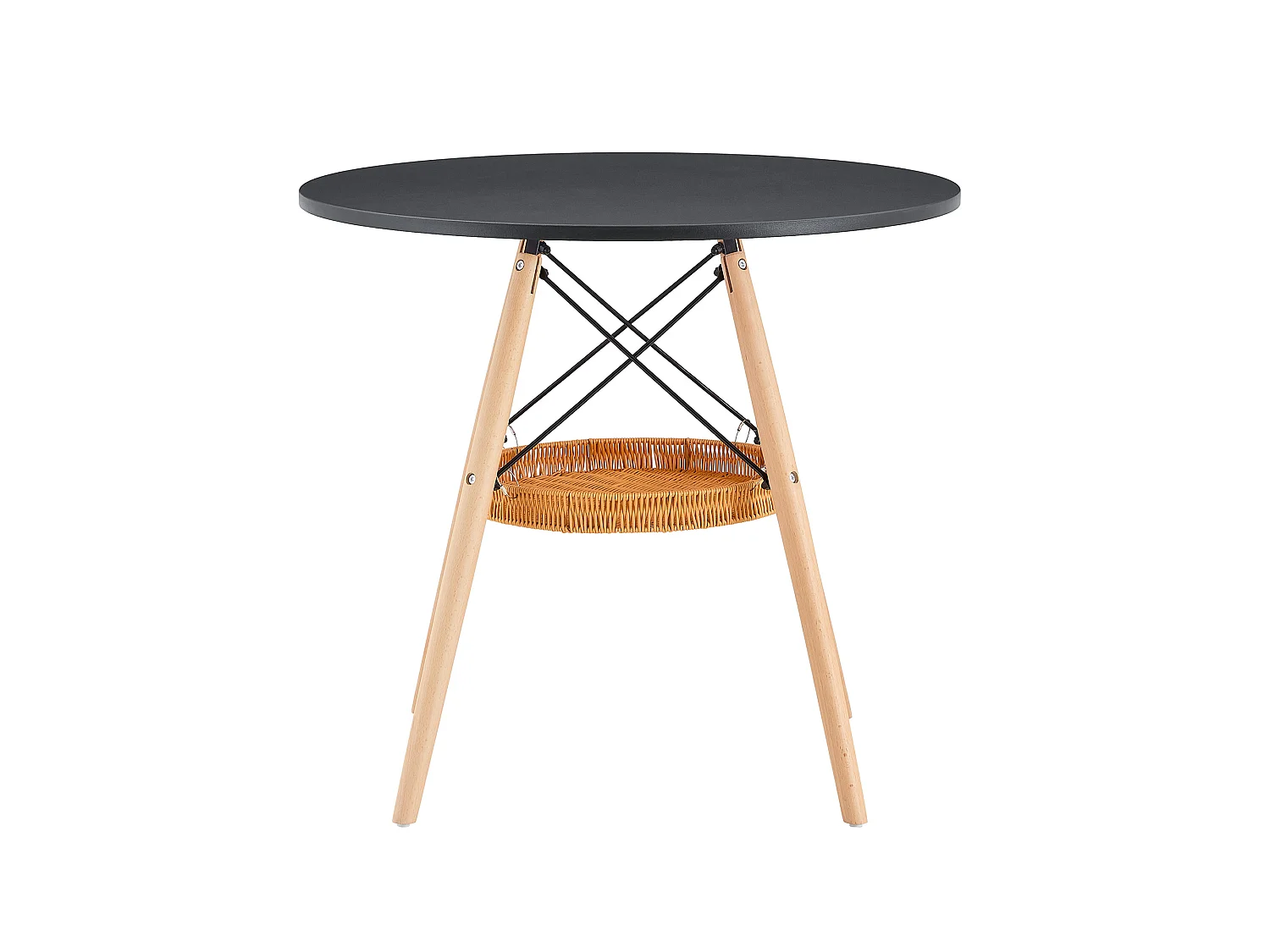 Table à manger ronde, plateau en MDF, pieds en bois massif, avec une structure de rangement suspendue en osier, noir et couleur naturelle