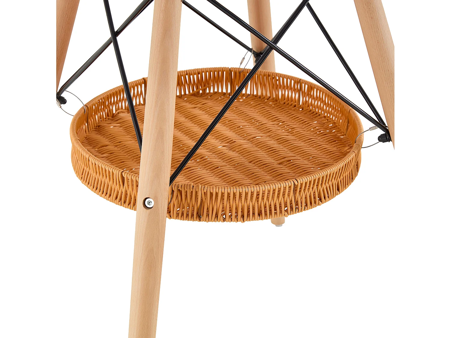 Table à manger ronde, plateau en MDF, pieds en bois massif, avec une structure de rangement suspendue en osier, noir et couleur naturelle