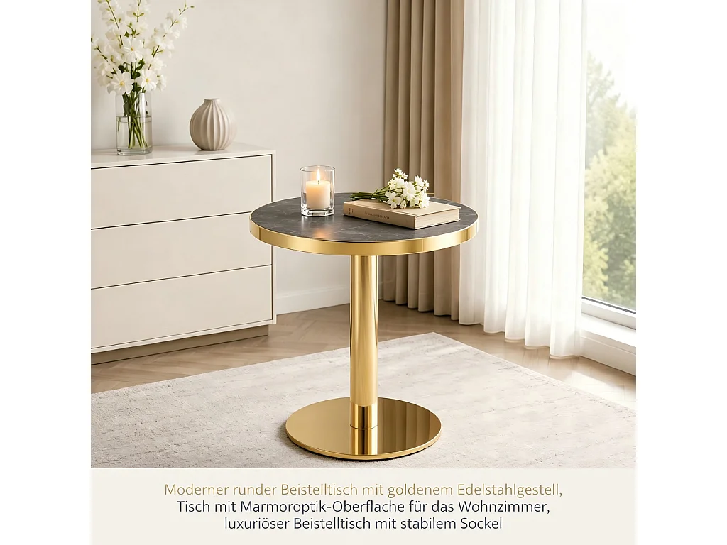 Table d'appoint ronde, avec un piètement en acier inoxydable doré, plateau à motif imitation marbre, gris et doré