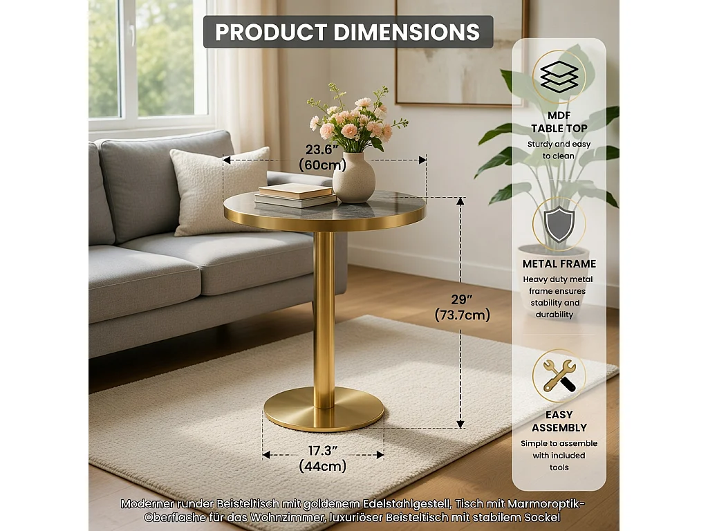Table d'appoint ronde, avec un piètement en acier inoxydable doré, plateau à motif imitation marbre, gris et doré