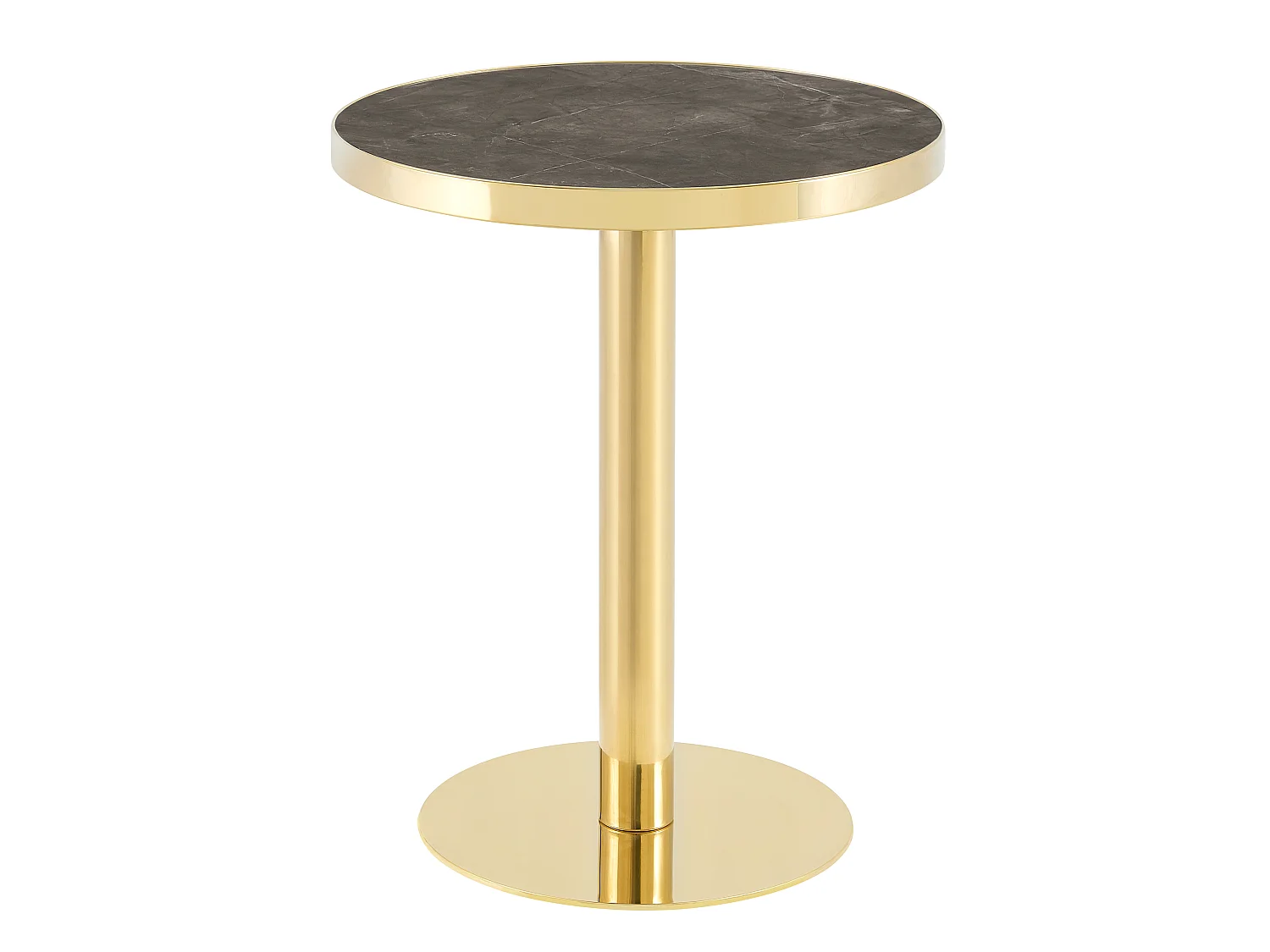 Table d'appoint ronde, avec un piètement en acier inoxydable doré, plateau à motif imitation marbre, gris et doré