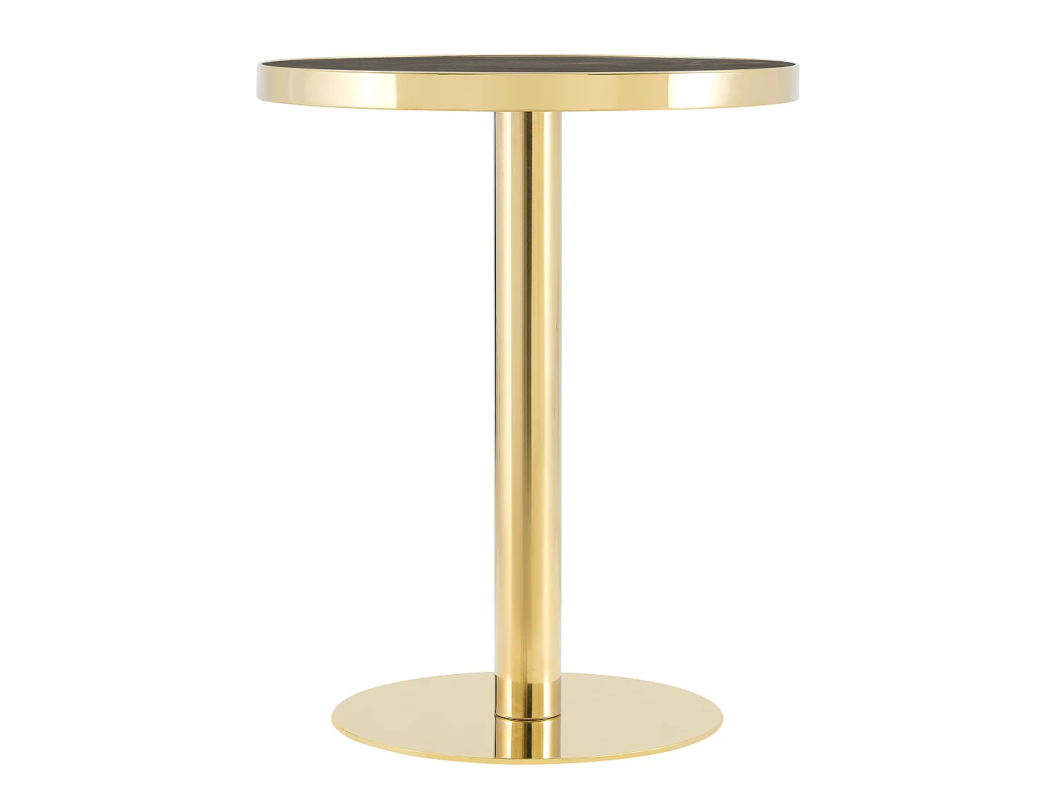 Table d'appoint ronde, avec un piètement en acier inoxydable doré, plateau à motif imitation marbre, gris et doré