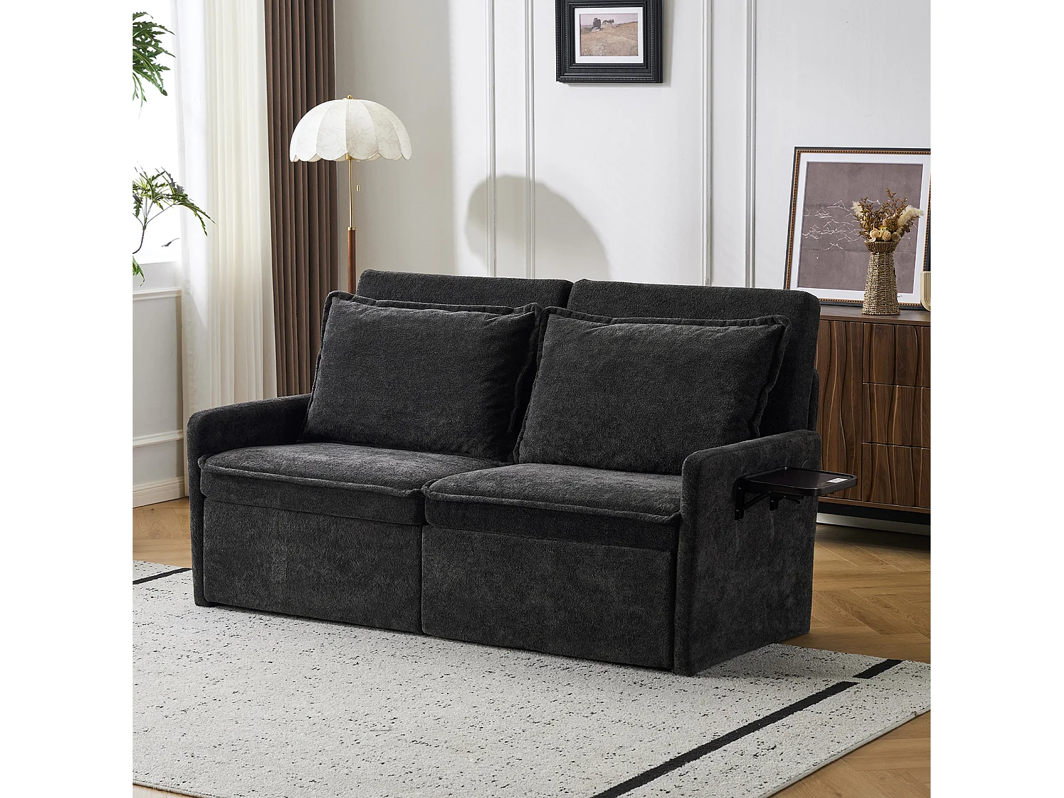 Canapé 2 places avec rangement en tissu chenille noir