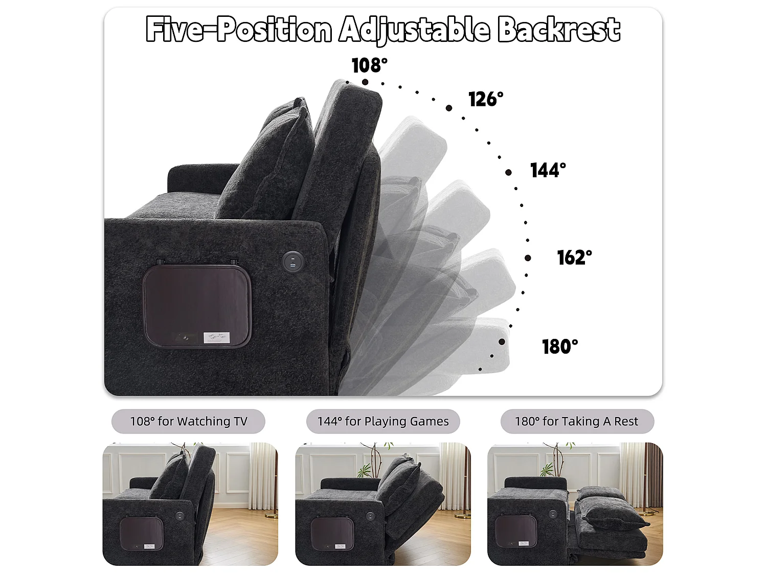 Canapé 2 places avec rangement en tissu chenille noir