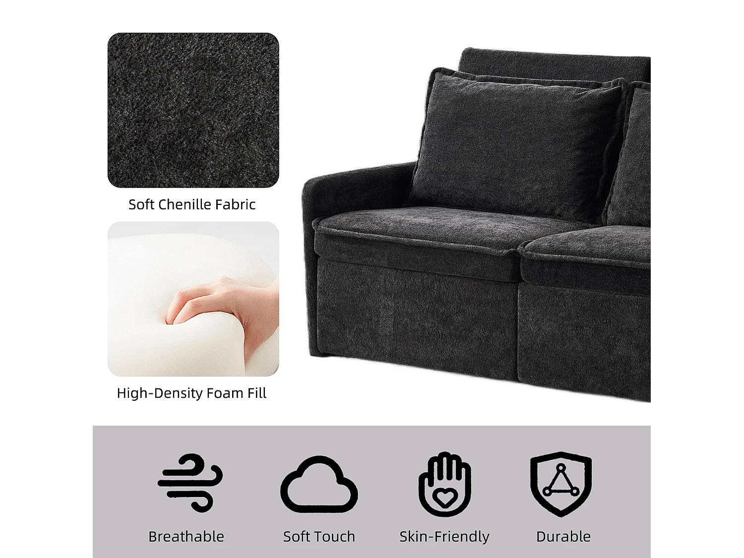 Canapé 2 places avec rangement en tissu chenille noir