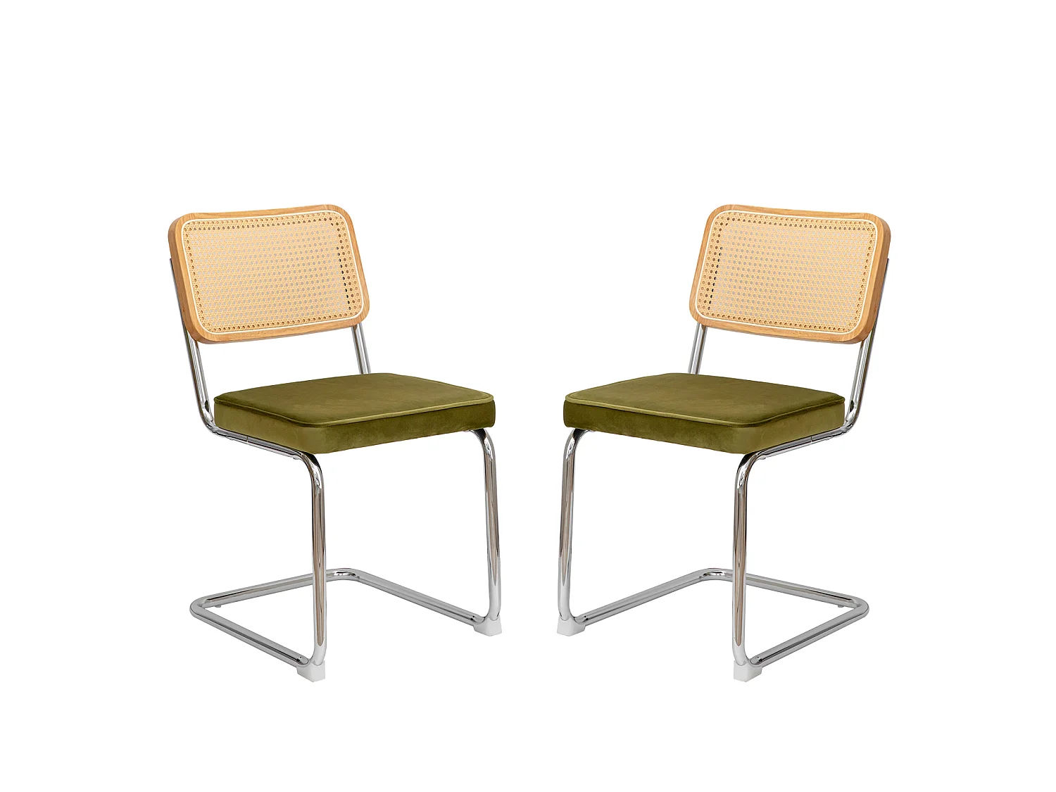 Set eetkamerstoelen (set van 2), fluweel, stoelen met rieten patroon, verchroomde poten, groen