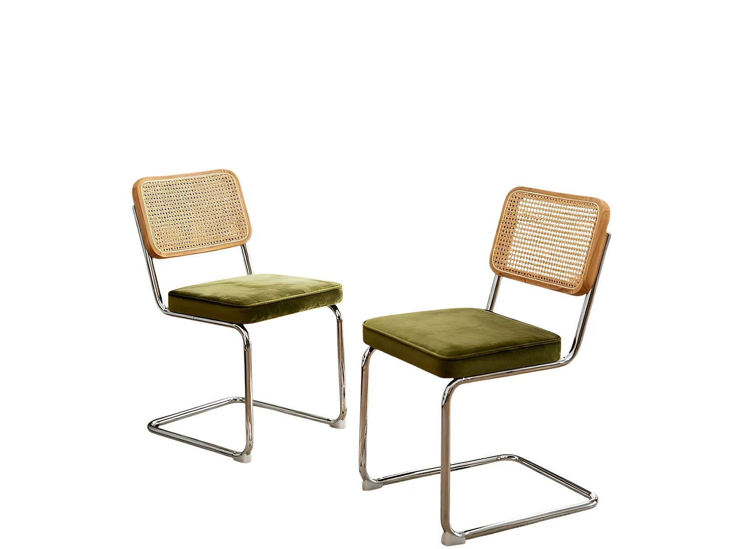 Set eetkamerstoelen (set van 2), fluweel, stoelen met rieten patroon, verchroomde poten, groen