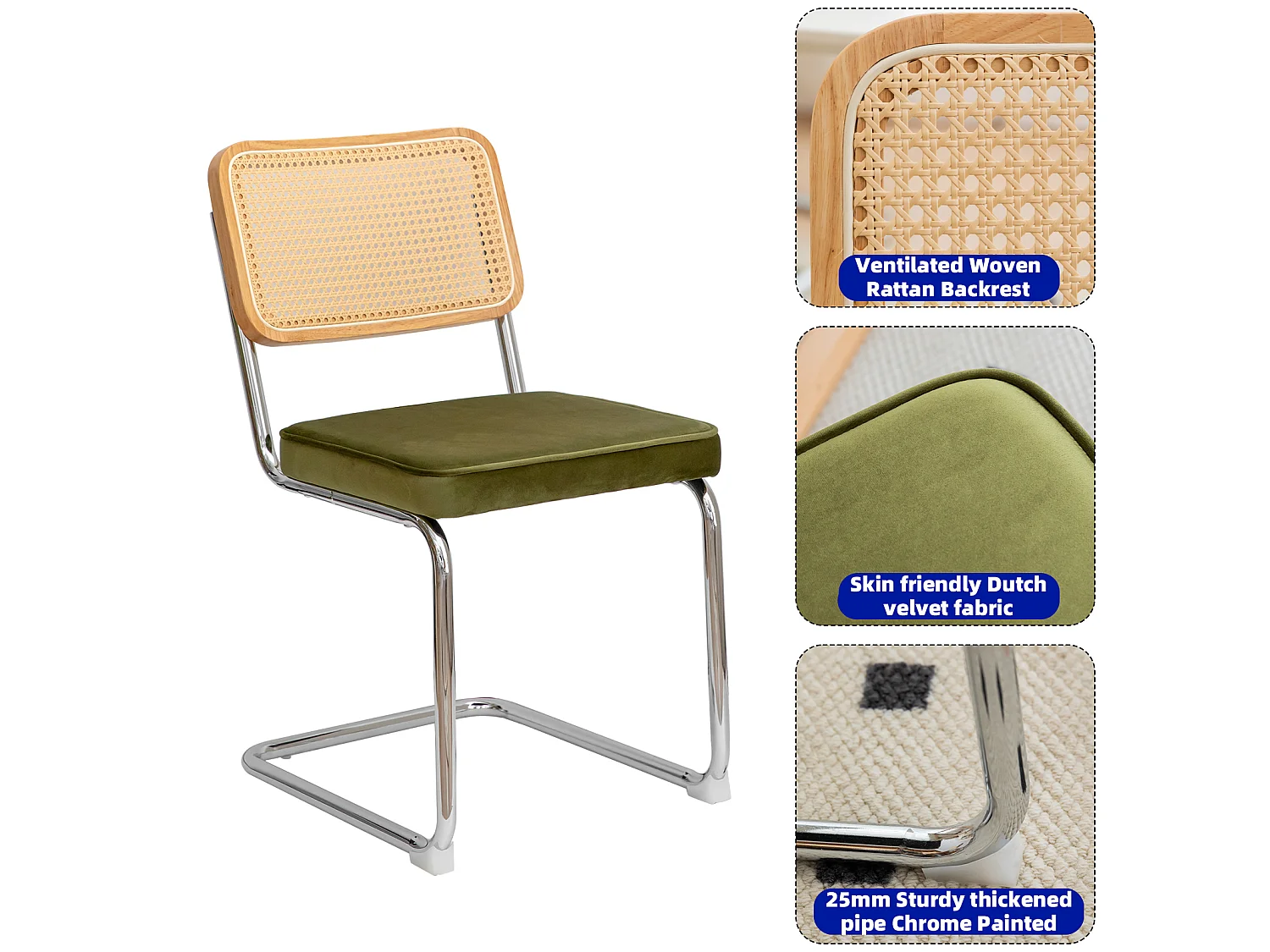 Set eetkamerstoelen (set van 2), fluweel, stoelen met rieten patroon, verchroomde poten, groen