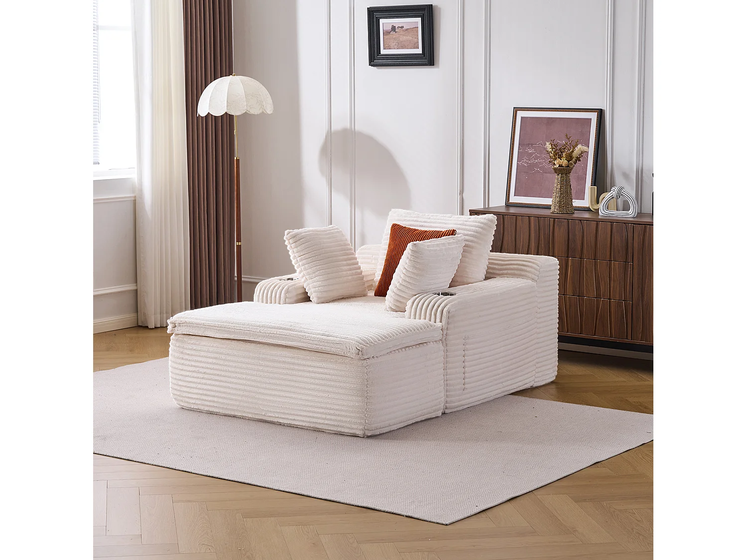 Canapé corduroy – montage facile, 3 coussins + porte-gobelets, coussin 2en1 couverture,beige