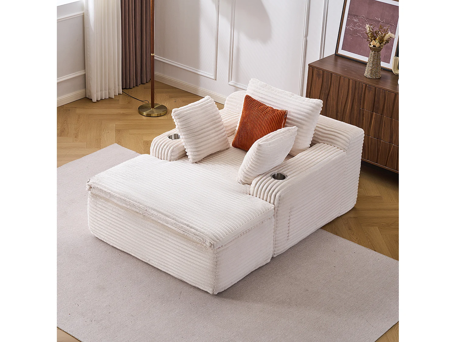 Canapé corduroy – montage facile, 3 coussins + porte-gobelets, coussin 2en1 couverture,beige