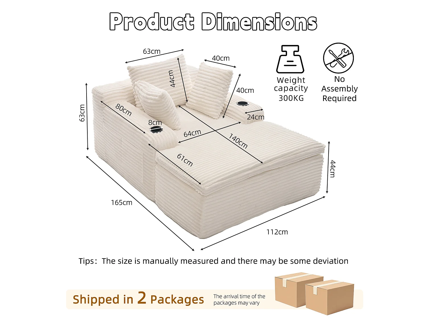 Canapé corduroy – montage facile, 3 coussins + porte-gobelets, coussin 2en1 couverture,beige