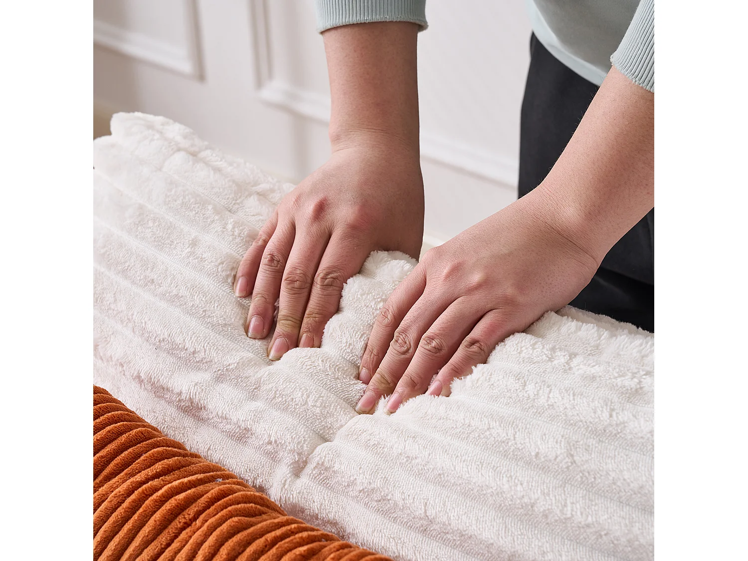 Canapé corduroy – montage facile, 3 coussins + porte-gobelets, coussin 2en1 couverture,beige