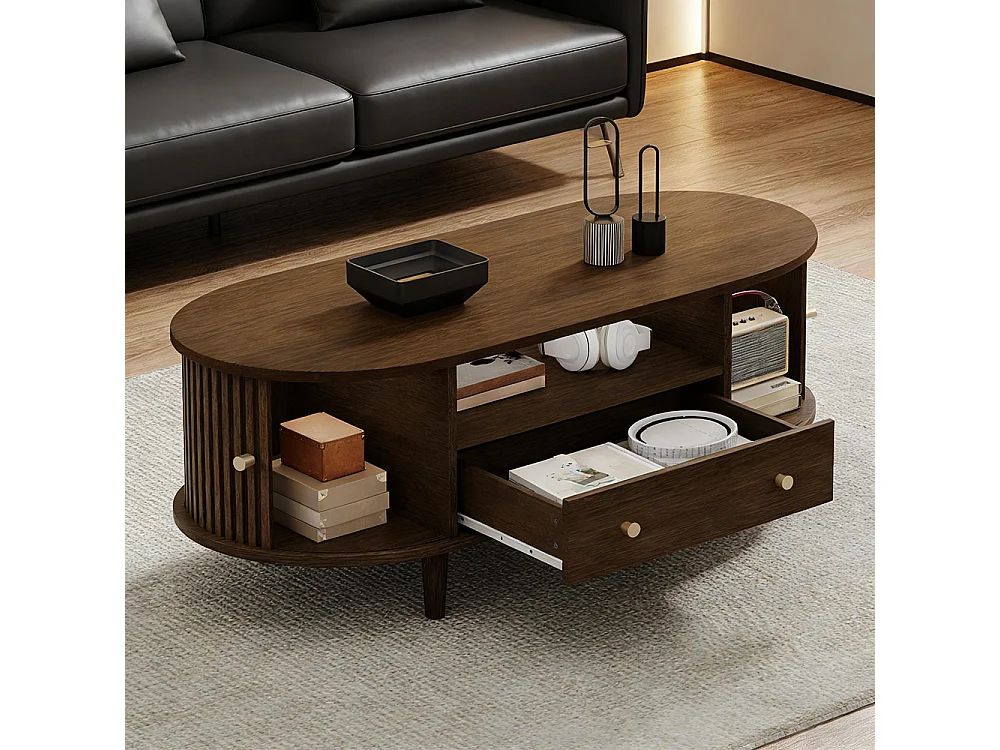 100 x 50 x 36 cmTable basse avec un tiroir et des espaces de rangement ouverts, équipée d'un volet roulant, 4 pieds, couleur noyer